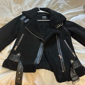 Zara double faced moto shearling jacket
